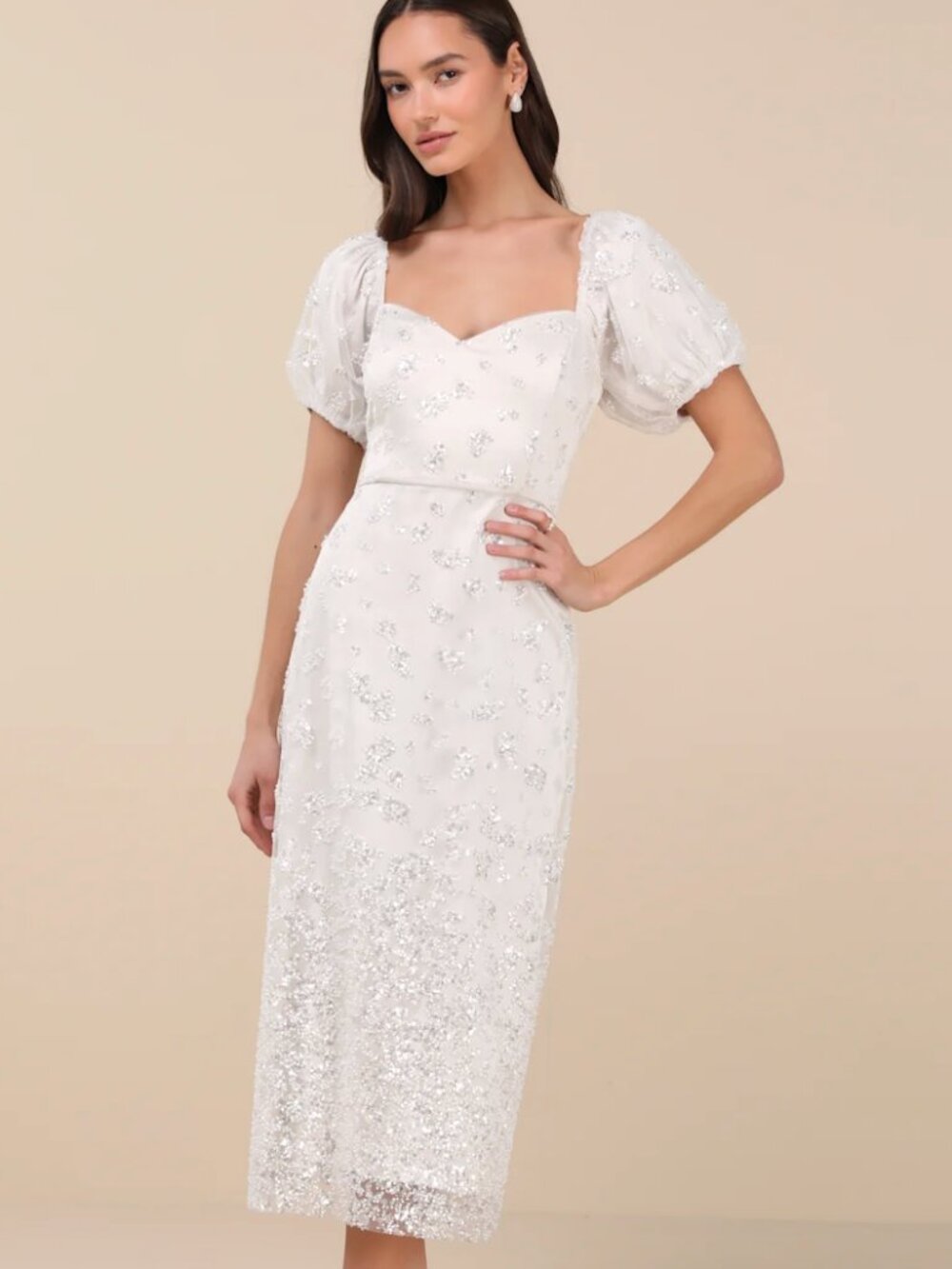 NWT Lulus Glorious Poise Ivory Sequin Pearl Puff Sleeve Midi Dress - size L